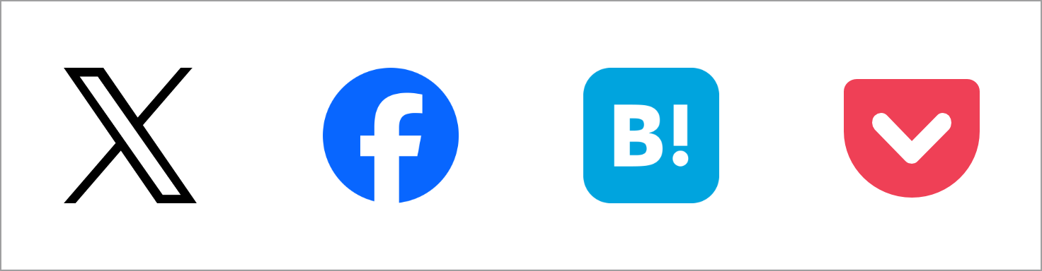 公式配布（Pocket を除く）のロゴ素材を並べたもの。左から順に X, Facebook, はてなブックマーク, Pocket の順
