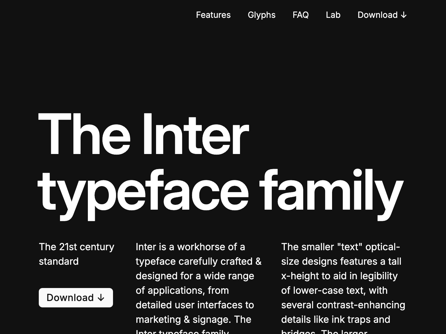 画像 3, Inter font family の Web サイト。ダウンロード・リンクはトップ・メニュー最後の項目とタグライン・テキストの次に用意されている